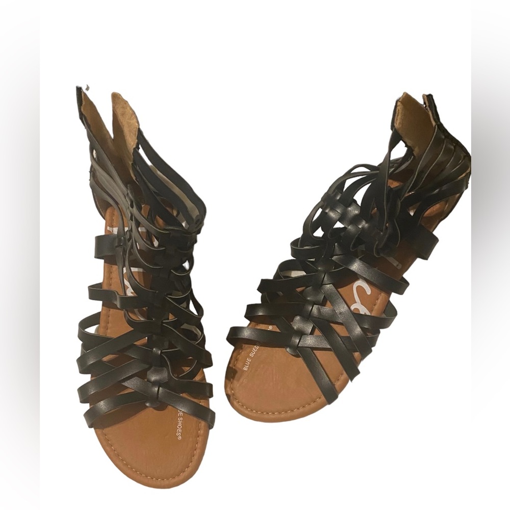 Blue Suede Shoes Classic Black Sandals Women’s Size 8.5 Strappy Zipper Comfort